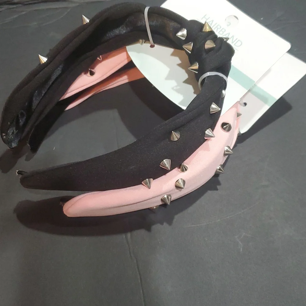 2pack Pink and black‎ fabric spiky metal studded knotted headbands new